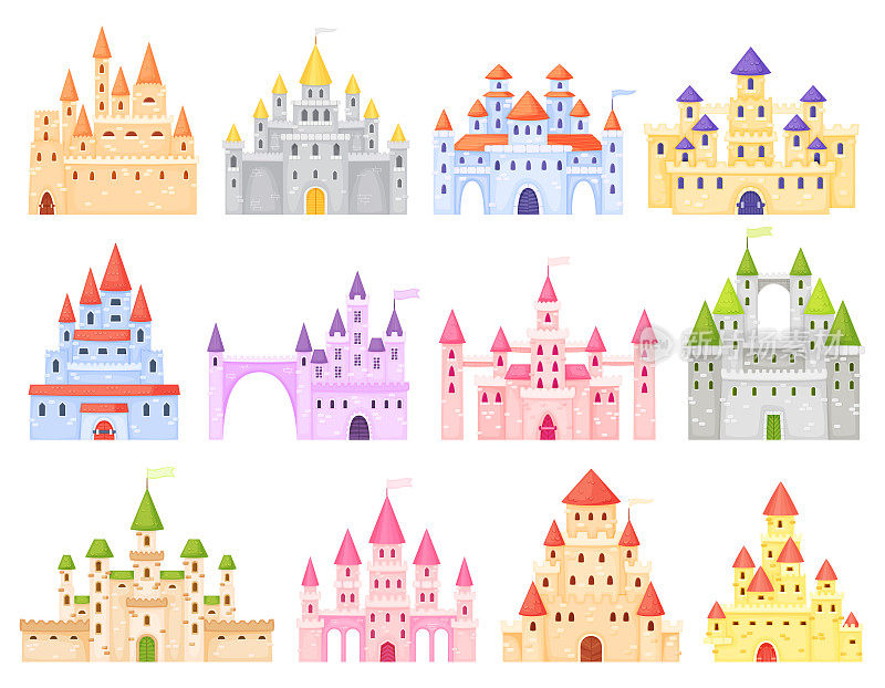 幻想卡通中世纪城堡。童话般的皇家王国。为国王和王后建造的古老的梦想建筑