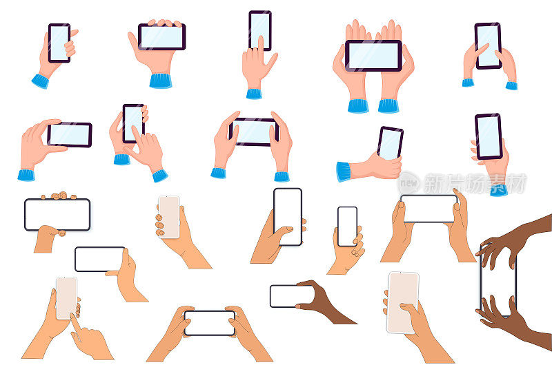 一群手拿着现代智能手机。一副手，手掌和手机。人们使用手机。平面矢量插图孤立在白色背景上