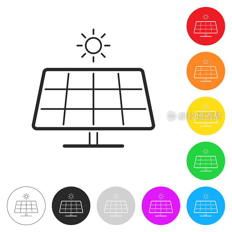 带有太阳的太阳能电池板。彩色按钮上的图标