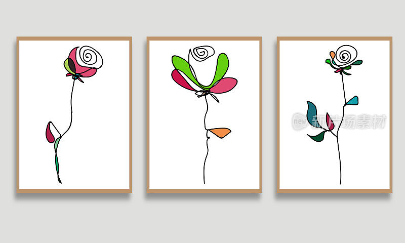 矢量彩色抽象极简玫瑰花墙集手绘，手工时尚植物图案旗帜背景设计
