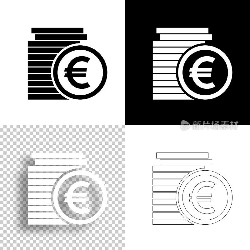 欧元硬币堆栈。图标设计。空白，白色和黑色背景-线图标