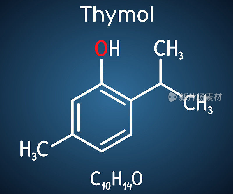 麝香草酚、IPMP分子。它是酚，是伞花烃的天然单萜衍生物。从百里香油或其他挥发油中提取的。深蓝色背景上的结构化学式