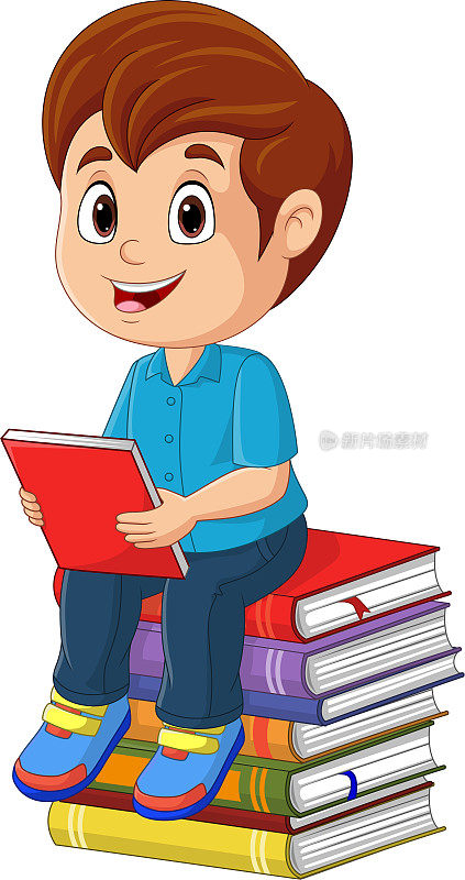 卡通小男孩坐在一堆书上，手里拿着一本书