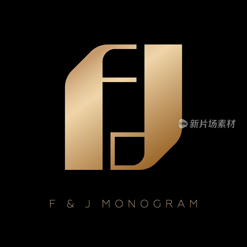 字母F和字母J的字母组合由金缎带组成。奢侈品金徽。