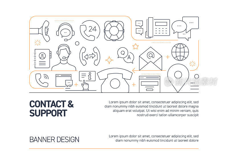 联系和支持相关的矢量旗帜设计概念，与图标的现代线条风格