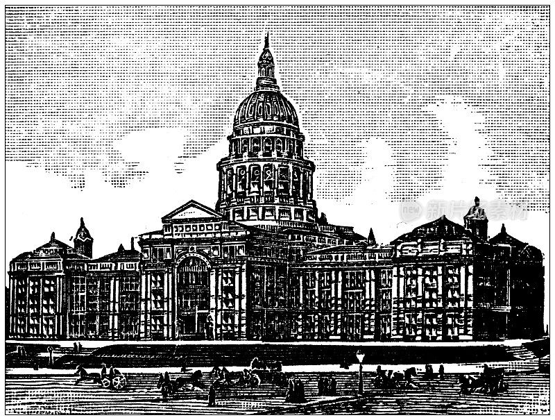 美国古董插图，得克萨斯州地标和公司:奥斯汀，州议会大厦