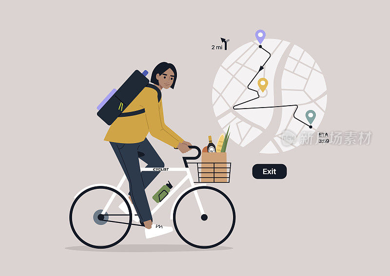 一个年轻的白人女性角色骑着自行车，有导航员，地理定位技术，有站点的路线