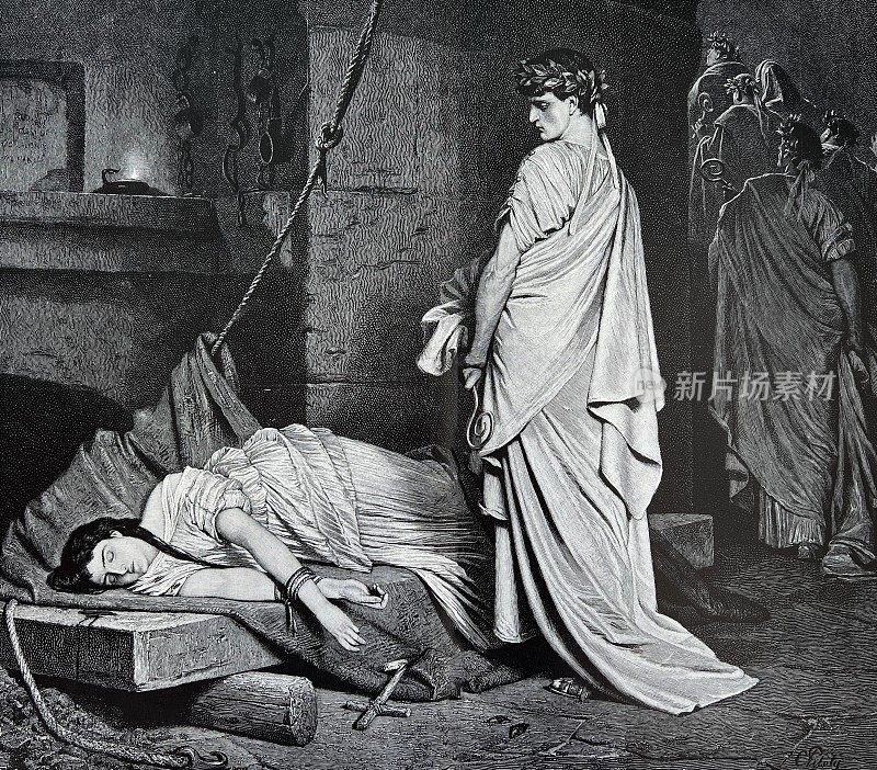 古罗马贵族在竞技场的地下注视着一个被绑着的基督教妇女