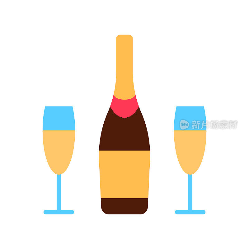 香槟瓶和两杯平线图标孤立在白色背景。饮料与软木标志的浪漫派对活动庆祝最小的设计。抽象酒精饮料矢量插图