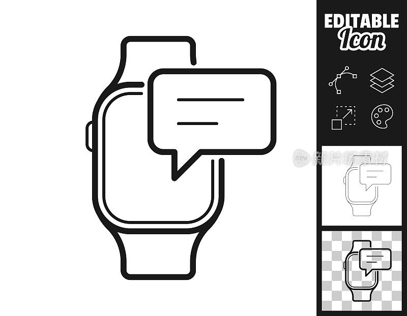 带语音泡泡的智能手表。图标设计。轻松地编辑