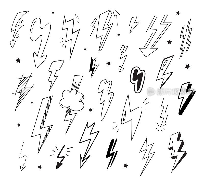 涂鸦闪光集，卡通涂鸦雷。手绘闪电、力量或能量符号。电闪雷鸣，经典黑色矢量集合