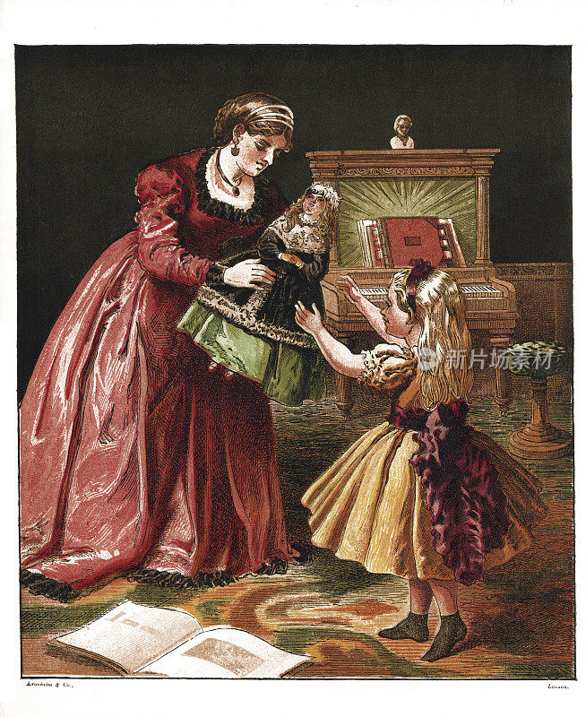 维多利亚时代母亲给女儿洋娃娃的彩色照相术