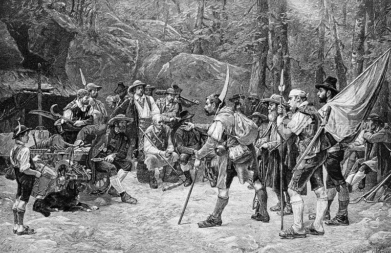 1809年，蒂罗尔战争委员会，拿着武器的人围成一圈说话