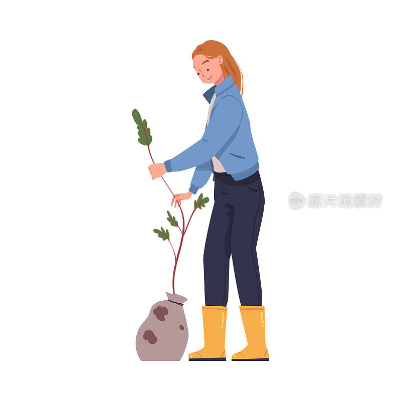 女性角色在土壤中种植树苗，照顾地球和自然矢量插图