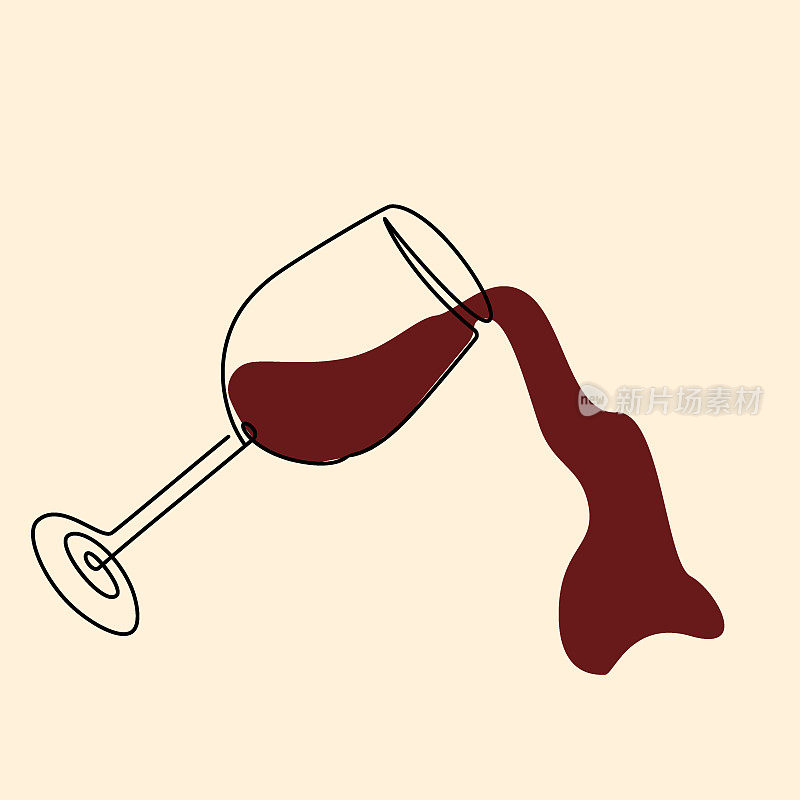 葡萄酒一行插图。酒精饮料在玻璃器皿..用葡萄酒杯盛红色饮料。液体溅。洒出赤霞珠或梅洛。酒吧或酒庄装饰，矢量素描插图