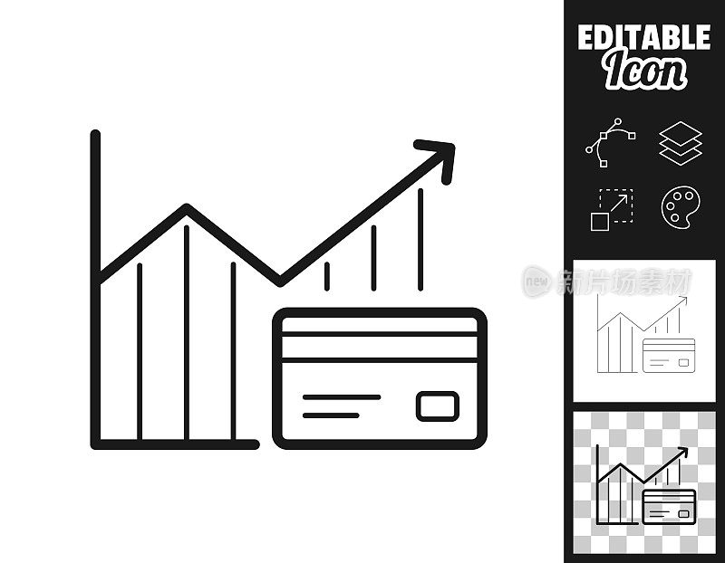 不断增长的图形与信用卡。图标设计。轻松地编辑