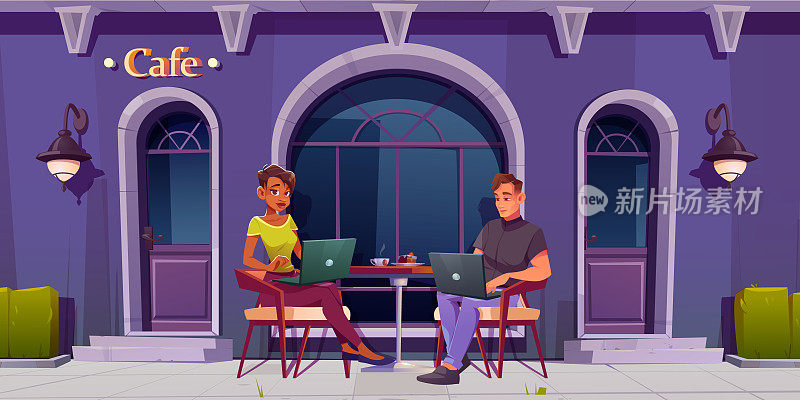 男男女女坐在咖啡馆里用笔记本电脑工作