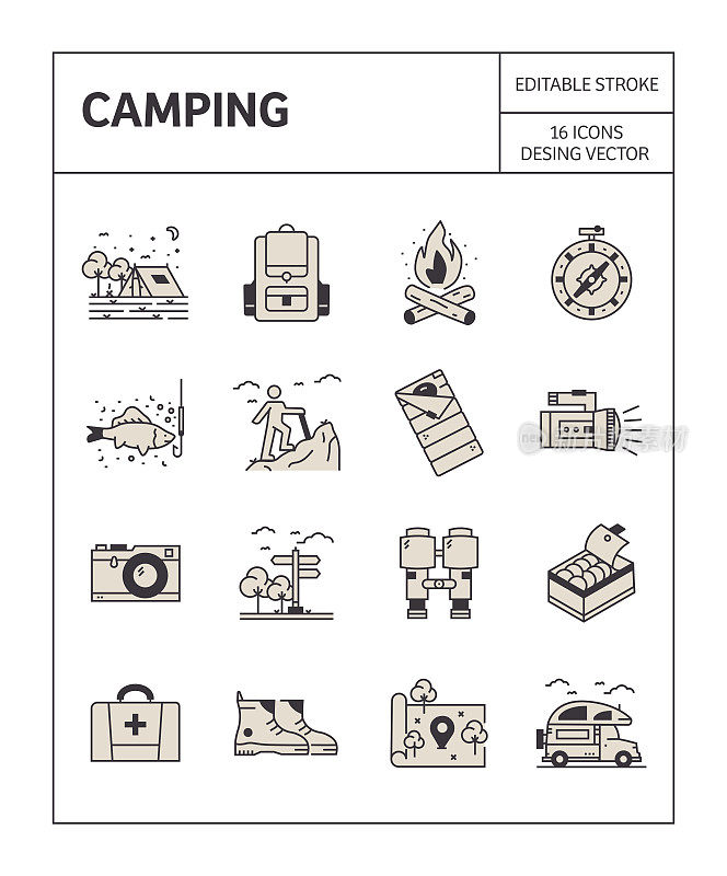 野营和户外图标集简单的外观和丰富多彩的设计。