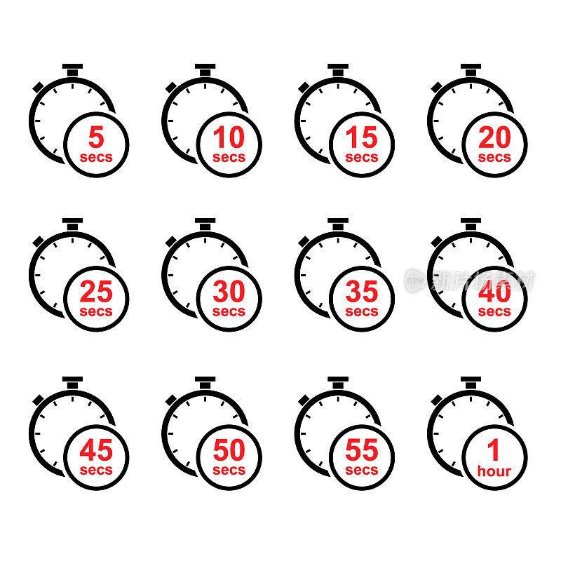 计时器运动图标，秒表数字图形符号，时间圆符号矢量插图按钮。停止和启动测量