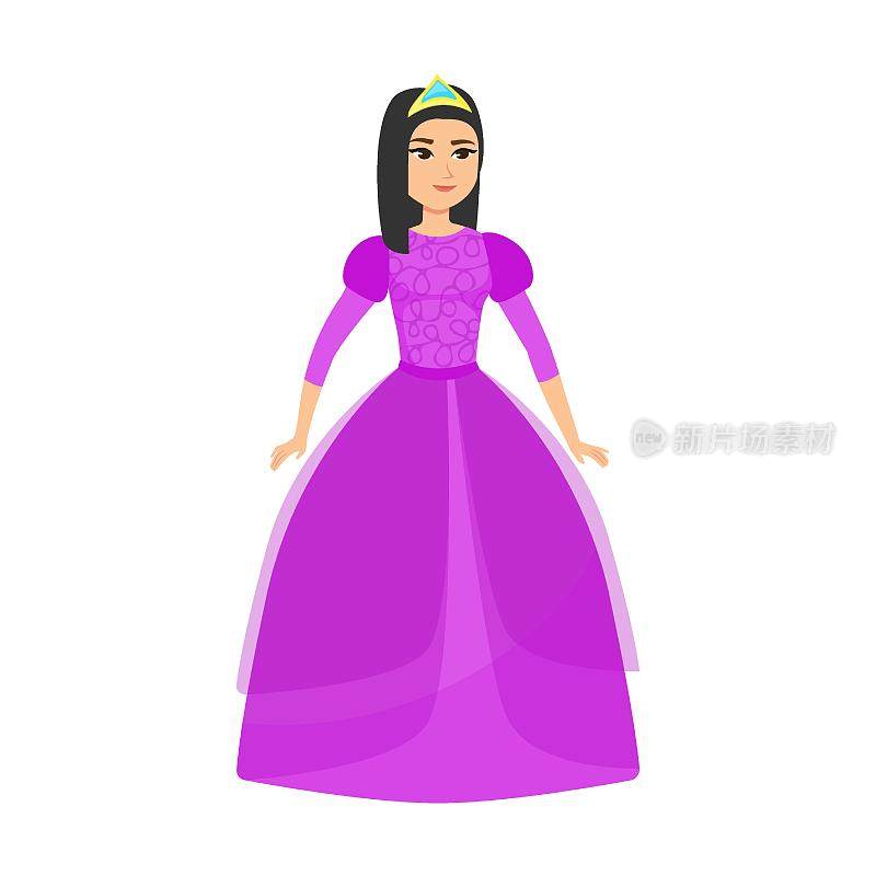 年轻的公主穿着漂亮的紫色连衣裙，卡通矢量插画。优雅的童话女人穿着彩色的服装和连衣裙