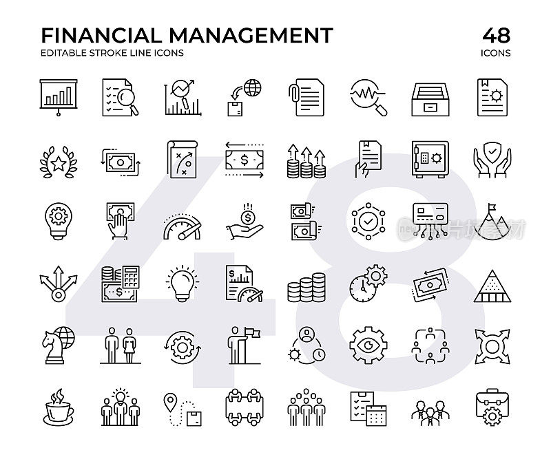 财务管理矢量线图标集。该图标集包括演示、分析、现金流、计划、财务报告等
