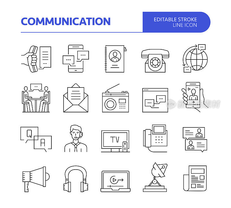 通信相关线矢量图标集。可编辑的中风。电话，全球通讯，聊天，公告。