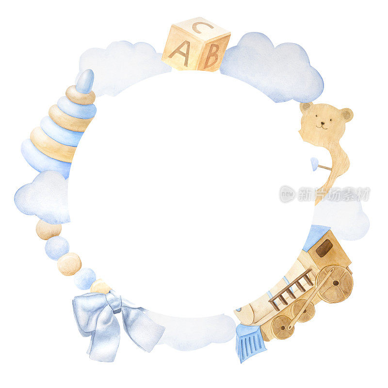 圆形框架花环的儿童玩具在蓝色和米色，水彩插图