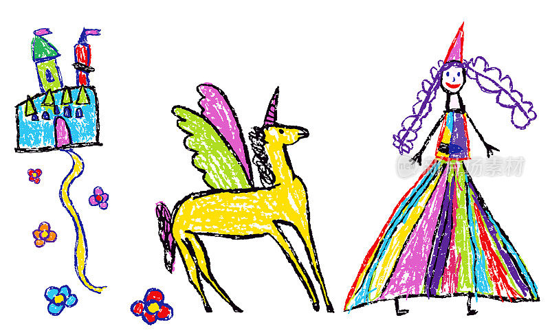 公主或女王，城堡，独角兽，飞马，马的翅膀。喜欢小朋友手绘的童话王国户外背景。