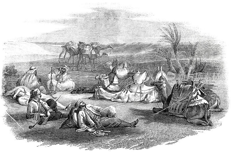 骆驼司机在沙漠中扎营