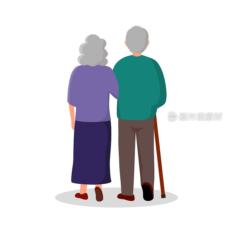 白底平面设计的老年夫妇一起散步。