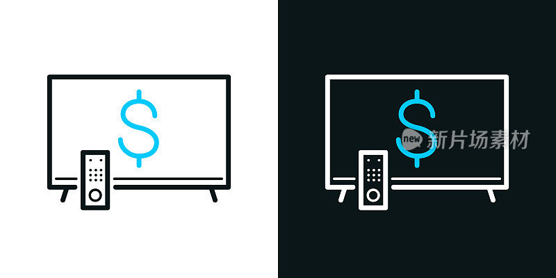 带美元符号的电视。黑色或白色背景上的双色线图标-可编辑的笔画