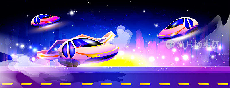 未来的汽车在一个夜晚的城市建筑的背景下，一条有星星的夜空的道路。创意矢量插图在卡通风格。