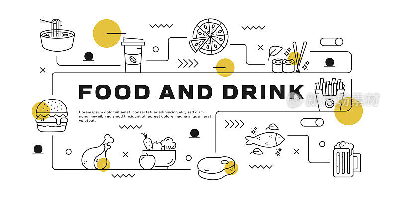 食物和饮料矢量信息图。设计是可编辑的，颜色可以改变。矢量创意图标集:牛排，鸡肉，寿司，披萨，汉堡，浓缩咖啡，水