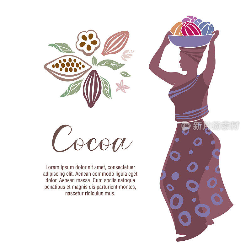 一位农妇提着装有可可荚的篮子，可可荚是生产巧克力的原料。提着满满一篮子可可豆的拾荒者。可可豆。矢量插图。