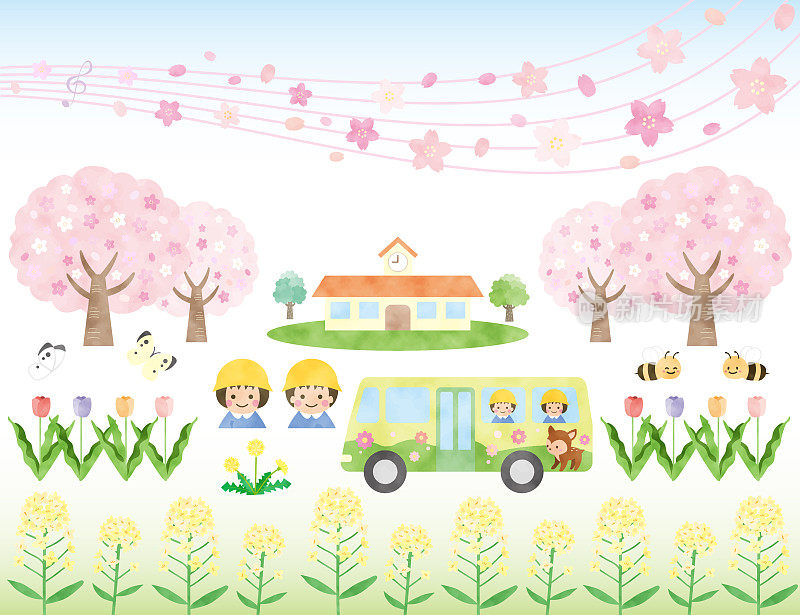 春天的花朵和幼儿园的插图材料