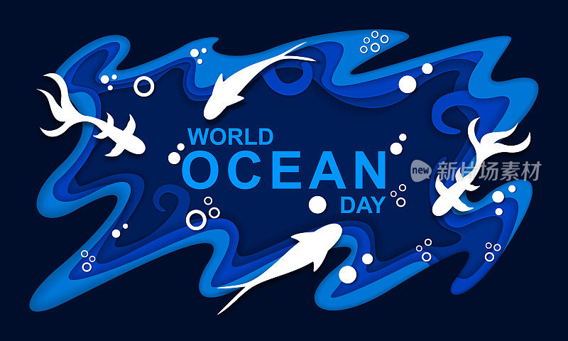海报世界海洋日模板。剪纸水下大海背景矢量。