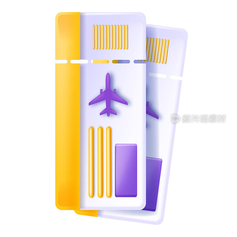 3D登机牌矢量图标，机票旅行设计，飞机航班优惠券，假期度假。