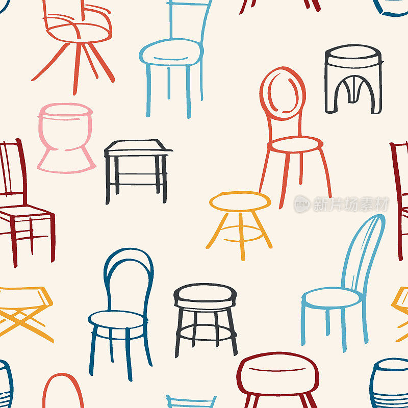 手绘无缝图案与不同种类的椅子