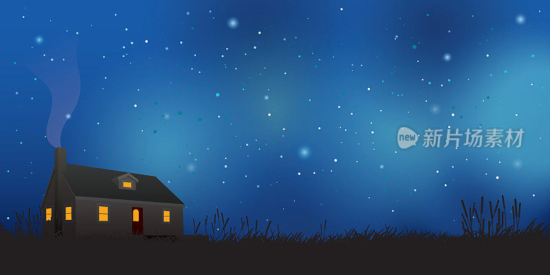 乡村别墅和草地剪影与夜空和许多星星的背景。乡村景观与房屋在夜间矢量插图有空白。