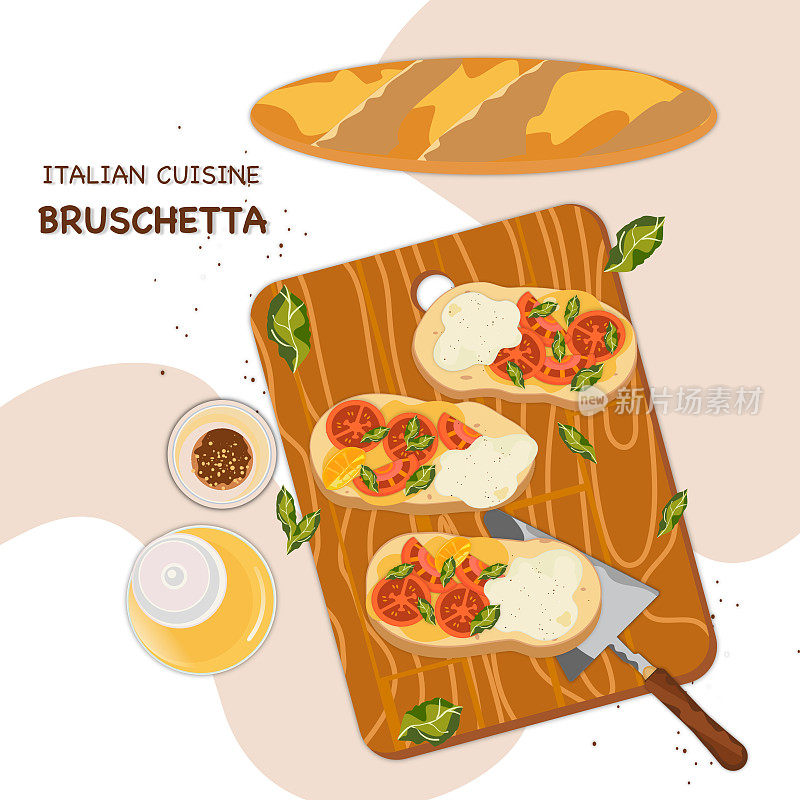 意大利食物矢量插图。原料配方。意式烤面包配香蒜沙司、新鲜番茄、马苏里拉奶酪和罗勒，放在木板上，俯视图。