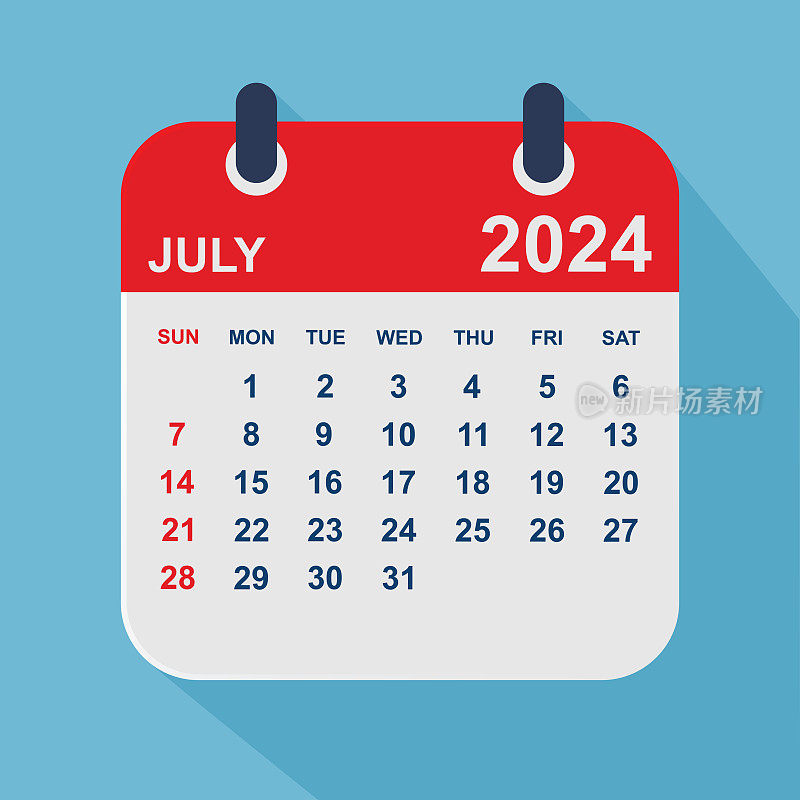 2024年7月。日历规划设计模板。一周从周日开始。业务矢量图