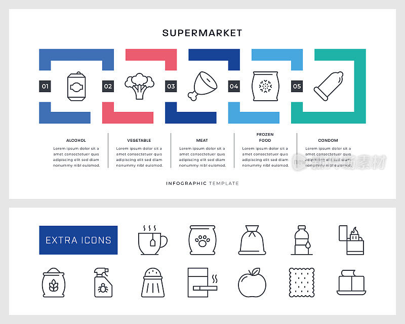 超市信息图表模板和线条图标