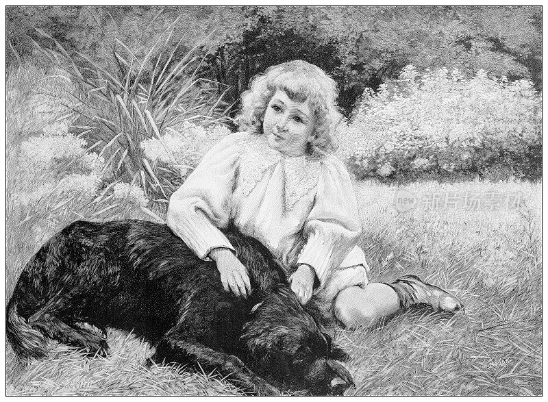 来自英国杂志的古董图片:女孩和狗