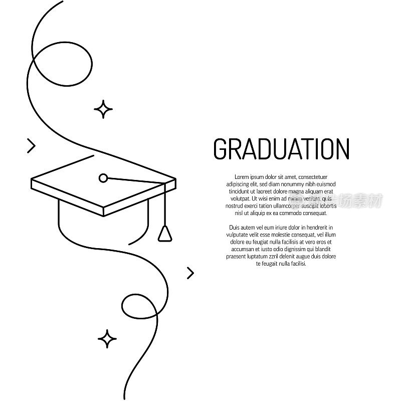 连续线绘制毕业图标。手绘符号矢量插图。