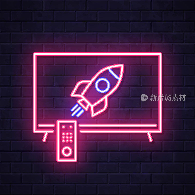 火箭电视。在砖墙背景上发光的霓虹灯图标