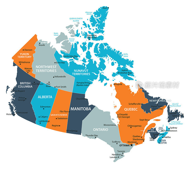 加拿大的地图。矢量彩色地图的加拿大