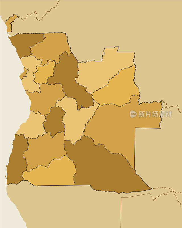 安哥拉高详细地图与地区和国家边界