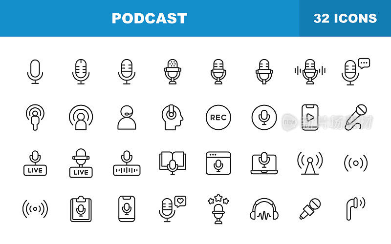 播客线路图标。可编辑的中风。包含音频，声音，音乐，语音，广播，麦克风，广播，现场，收听，唱歌，播放，卡拉ok等图标。