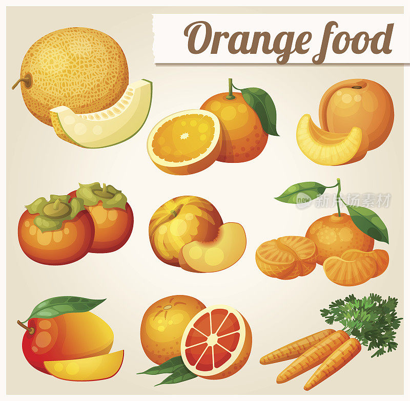 一套卡通食品图标。橙色食物。西瓜,橘子,桃子