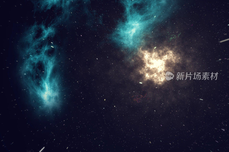 夜空中布满了星星和星云，宇宙中的空间尘埃。三维渲染